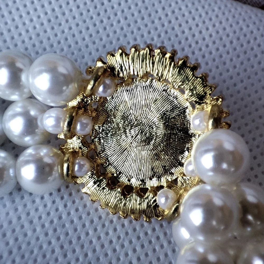 Three 3 Strand Faux Pearl Gold Tone Collar Bib Necklace Clear Rhinestones EUC
